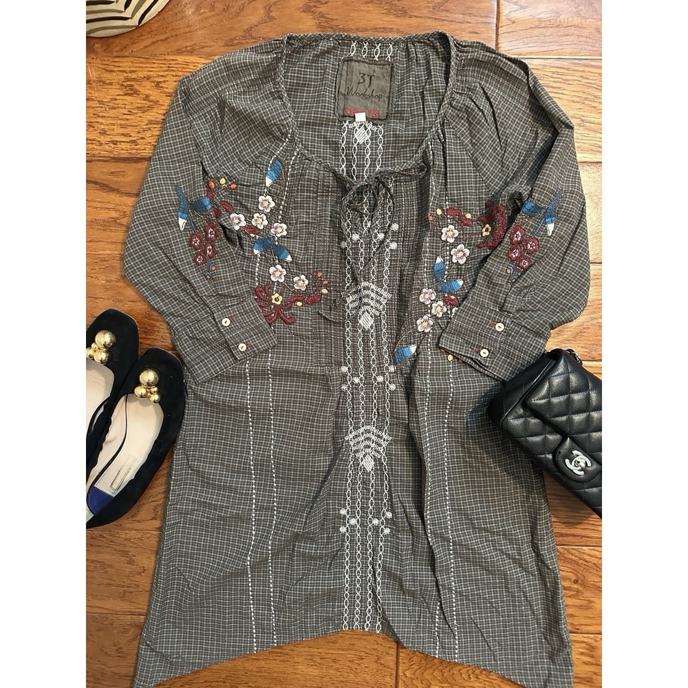 Johnny Was 3J Workshop Womens Small S Embroidered Plaid Tunic Blouse Top